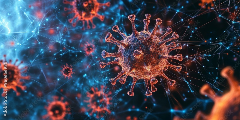 Red virus cells connected by blue network. Red virus cells connected by blue network.