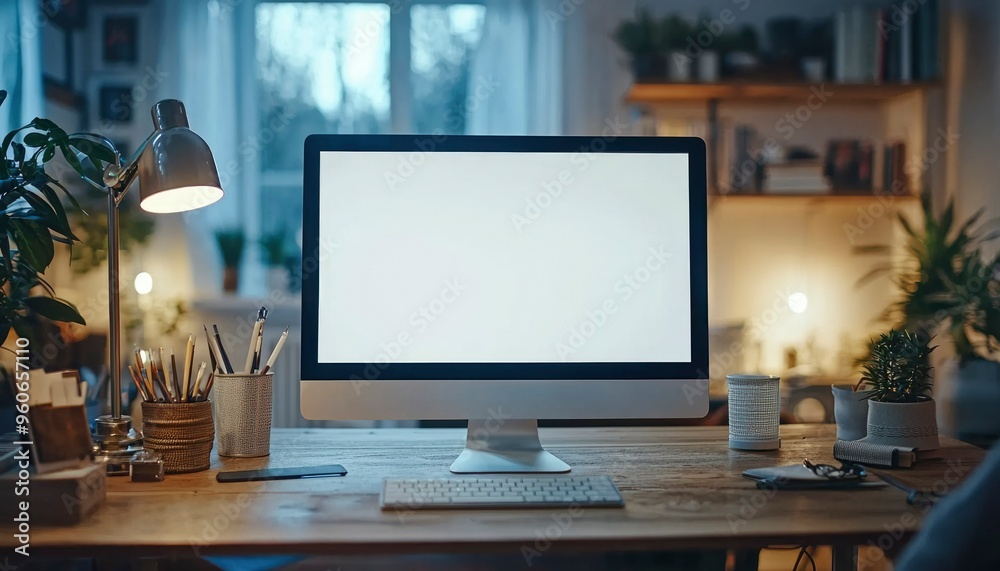 A Desk with a Computer, Plants, and a Lamp A Desk with a Computer, Plants, and a Lamp