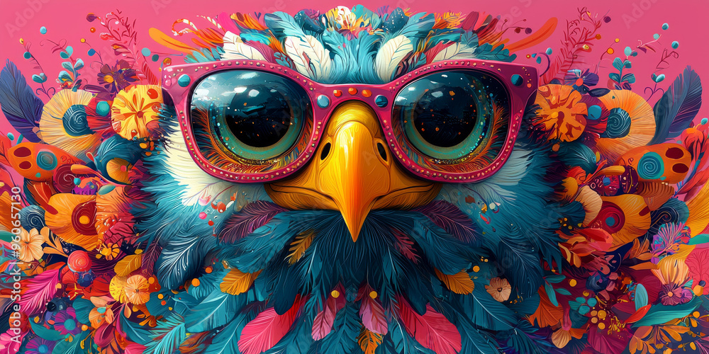 Obraz premium A close-up of a colorful eagle with pink sunglasses, surrounded by vibrant flowers and feathers.