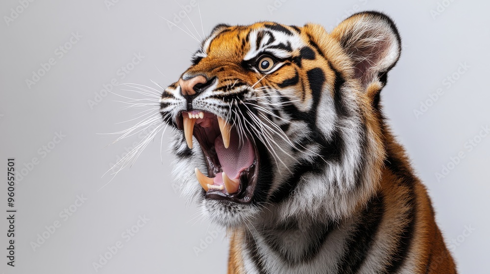 Tiger in mid-roar, highlighting its fierce expression on a white background