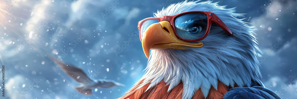 Obraz premium A cool eagle wearing red sunglasses, looking confidently towards the sky.