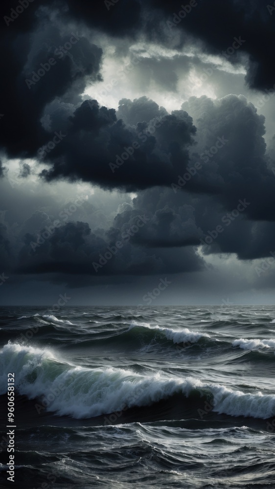 Obraz premium Dark Tempest: Ominous Storm Clouds Swirling Over a Vast Sea – Mobile Aspect
