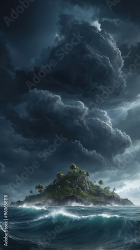 Eerie Storm Clouds Over Deserted Island: Dark Sky and Vast Sea – Mobile Wallpaper
