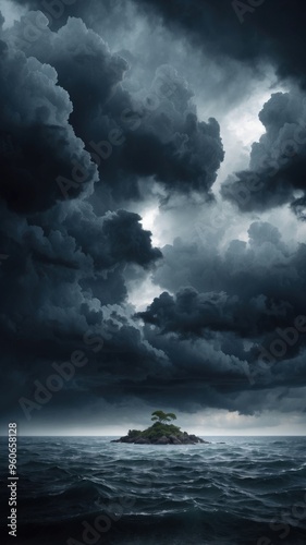 Foreboding Storm Clouds Over Inhabited Island: Dark Skies at Sea – Mobile Aspect