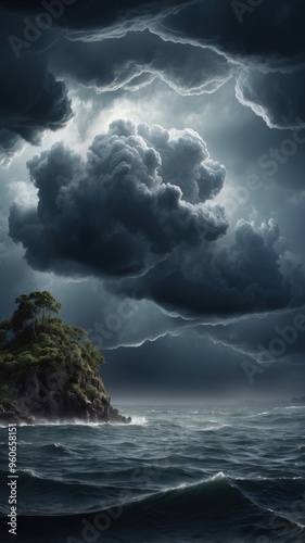 Looming Storm Clouds Over Island: Dark Sky and Ocean – Mobile Aspect Ratio