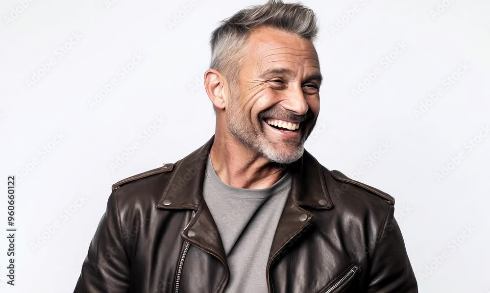 Portrait of a smiling mature man in leather jacket on white background Portrait of a smiling mature man in leather jacket on white background