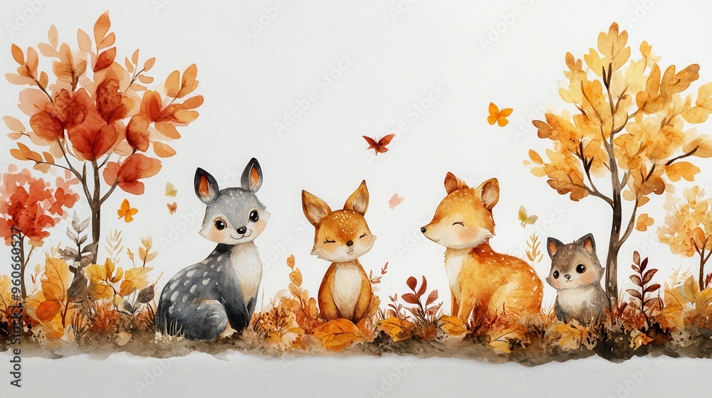 Fototapeta premium Woodland animals in a forest scene on a white background