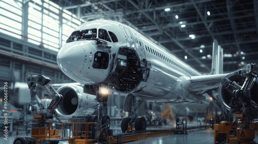Show a scene of the airplane undergoing automated maintenance checks, with robotic systems inspecting and repairing various components. Show a scene of the airplane undergoing automated maintenance checks, with robotic systems inspecting and repairing various components.