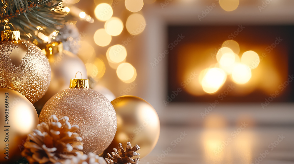 Fototapeta premium Decorative golden ornaments and pinecones are showcased beside a warm, glowing fireplace, creating a cozy holiday atmosphere filled with light