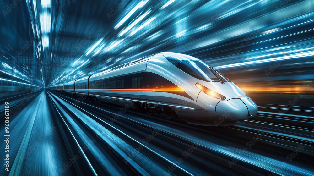 Show a sleek, modern high-speed train speeding along its tracks, with a futuristic design and dynamic motion, highlighting the advancements in technology and the excitement of fast travel. Show a sleek, modern high-speed train speeding along its tracks, with a futuristic design and dynamic motion, highlighting the advancements in technology and the excitement of fast travel.