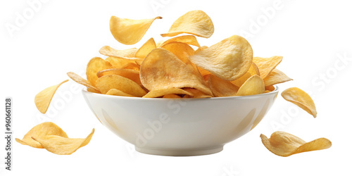 A bowl of crispy potato chips with flying chips around it, isolated on a white background. Perfect for snack, food, and party-themed visuals. Clipart style with transparent background.