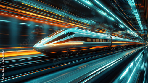 Show a sleek, modern high-speed train speeding along its tracks, with a futuristic design and dynamic motion, highlighting the advancements in technology and the excitement of fast travel.