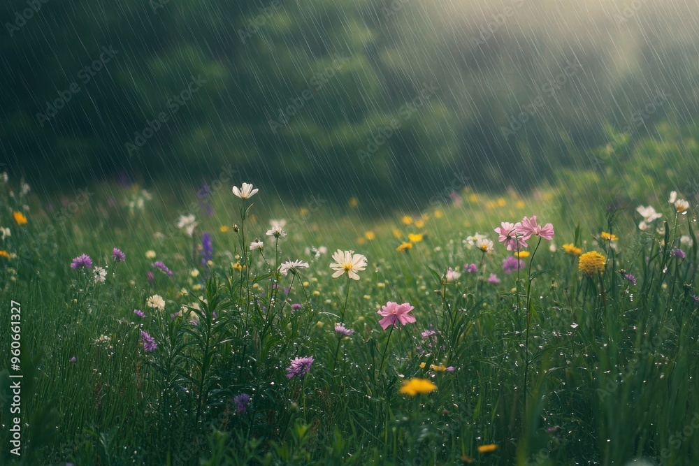Fototapeta premium A wildflower meadow gently touched by light rain, the colors vibrant and fresh.
