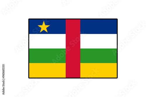 The flag of the Central African Republic features horizontal stripes of blue, white, green, and yellow, with a vertical red stripe in the center and a yellow star in the upper left corner.