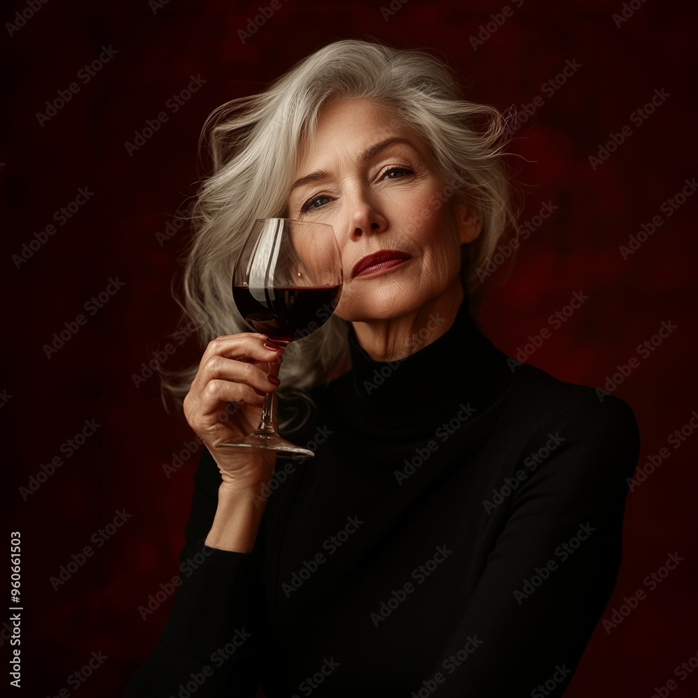 A 50-year-old woman sipping a glass of red wine, looking relaxed and content A 50-year-old woman sipping a glass of red wine, looking relaxed and content