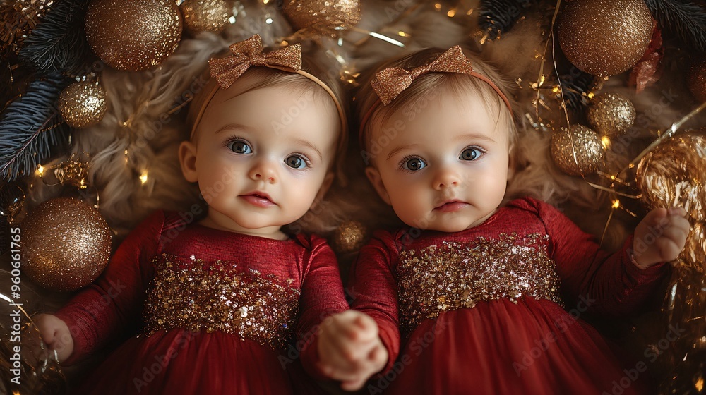 Two twin toddlers dressed in red and gold, holding hands and playing with New Year-themed decorations, like streamers and shiny baubles Two twin toddlers dressed in red and gold, holding hands and playing with New Year-themed decorations, like streamers and shiny baubles