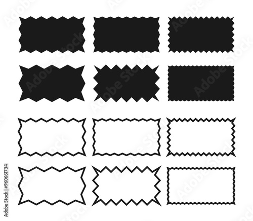 Rectangular frames with zigzag edges set. Silhouette and contour jagged border shapes templates.