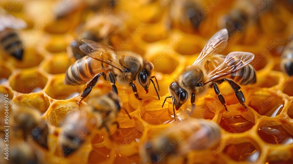 Naklejka premium Bees on a honeycomb in a hive. Macro image of a bee collecting honey