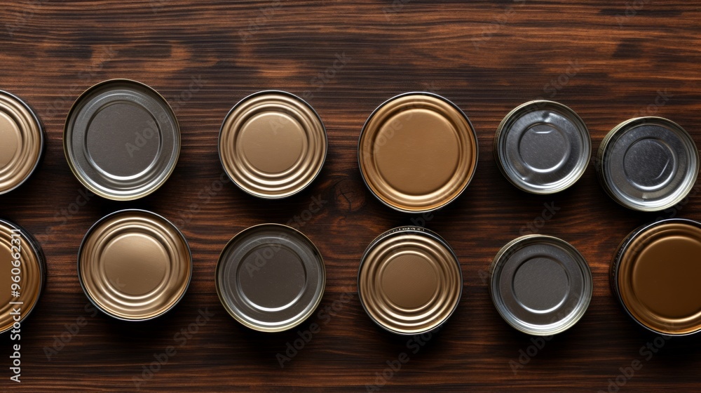 Many closed tin cans on brown table, flat lay. Neural network ai generated art Many closed tin cans on brown table, flat lay. Neural network ai generated art