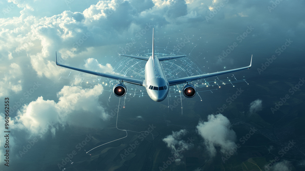 Naklejka premium Show the airplane using advanced navigation systems, such as real-time weather monitoring, adaptive flight paths, and collision avoidance technology, ensuring a safe and efficient journey.