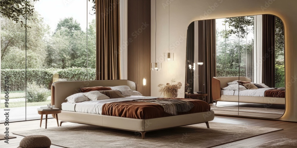 Fototapeta premium Modern bedroom with large bed and mirror.