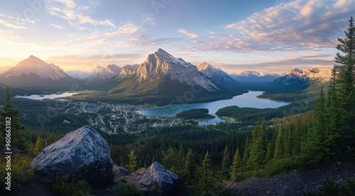 Rocky Mountains with snow-capped peaks and a picturesque lake surrounded by pine trees