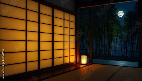 Japanese Shoji Screen Bamboo and Paper Lanterns Illuminating Night Moonlight Interior Design