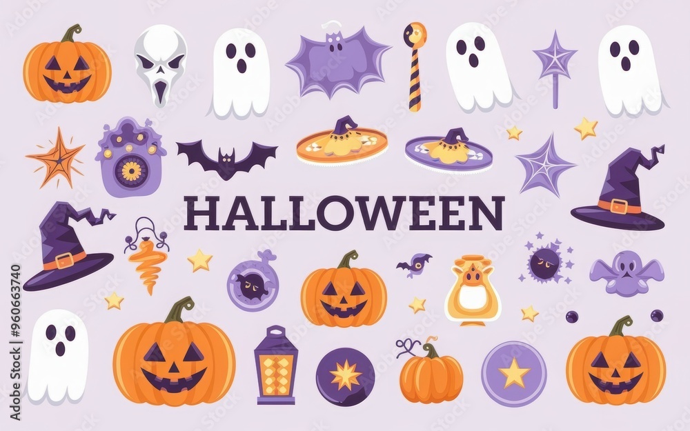 Happy Halloween set of elements, ghost, pumpkin, bat and cat. Vector is cute illustration in hand drawn style
Happy Halloween set of elements, ghost, pumpkin, bat and cat. Vector is cute illustration in hand drawn style
