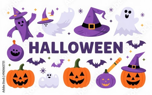 Happy Halloween set of elements, ghost, pumpkin, bat and cat. Vector is cute illustration in hand drawn style 