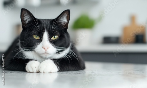 Black and white tuxedo cat in a loaf position on a marble countertop, modern and sleek kitchen background, [cat loaf], [modern, chic]
