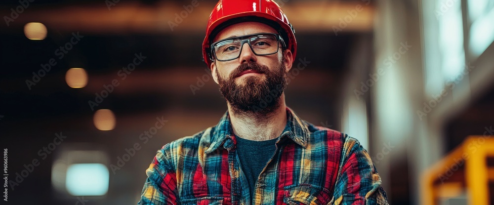 Confident Construction Worker in Hard Hat and Safety Glasses Confident Construction Worker in Hard Hat and Safety Glasses