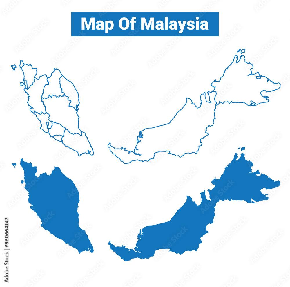 Fototapeta premium Malaysia simple flat vector map outline style illustration set