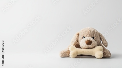 Close-up shot of adorable plush toy dog with bone set against a white background photo