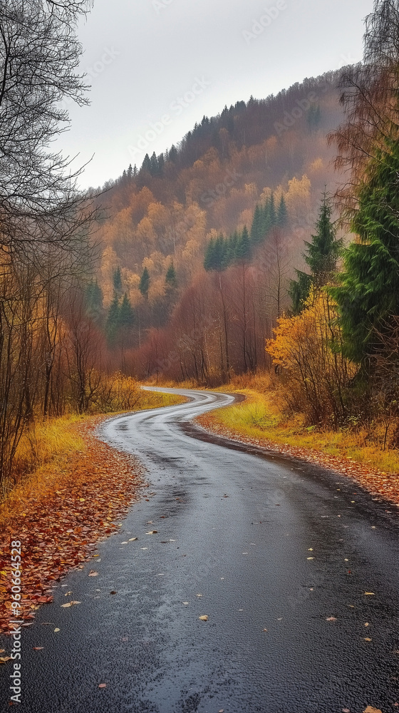 Fototapeta premium Foggy forest with vibrant autumn foliage surrounds a winding wet asphalt road