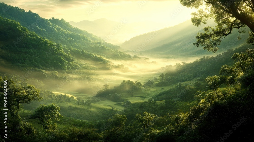 Morning light spills over the misty valley, revealing lush greenery and rolling hills, as nature stirs to life in a symphony of tranquility and beauty Morning light spills over the misty valley, revealing lush greenery and rolling hills, as nature stirs to life in a symphony of tranquility and beauty