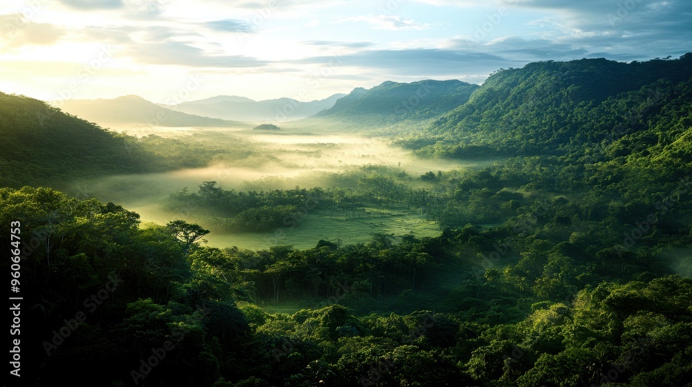 Golden sunlight breaks over verdant hills, casting a warm glow on a serene valley enveloped in soft morning mist and tranquility Golden sunlight breaks over verdant hills, casting a warm glow on a serene valley enveloped in soft morning mist and tranquility