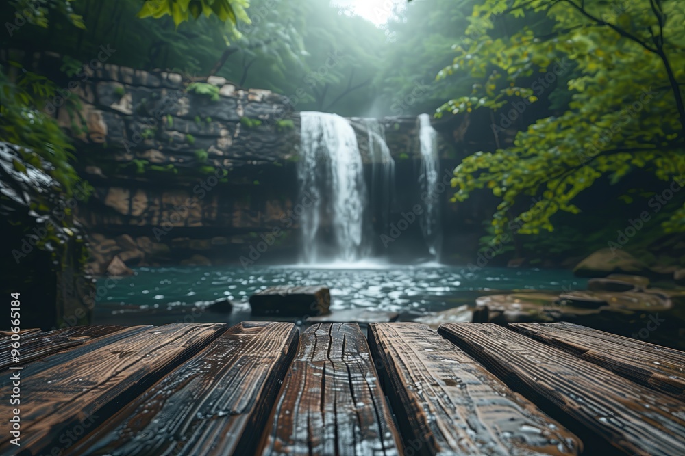 Naklejka premium Tropical Waterfall View from a Dark Wood Deck