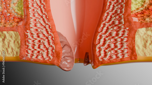 internal and external hemorrhoids piles, Human Anatomy Cross section, fistula, fissure, Virus infection in anal canal or lower rectum, treatment and prevention concept, external thrombosis, 3d render 