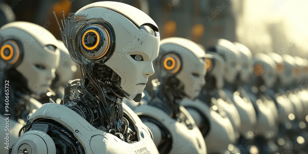 Fototapeta premium A line of white robots with glowing eyes.