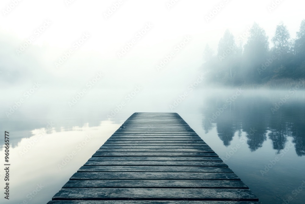 Misty morning light casts a soft glow over a rustic dock stretching into a calm lake, creating an atmosphere of peace and tranquility at daybreak Misty morning light casts a soft glow over a rustic dock stretching into a calm lake, creating an atmosphere of peace and tranquility at daybreak