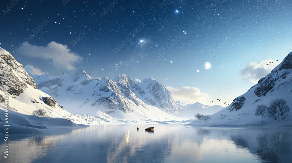 Serene snow-covered mountains and a starlit sky reflected in a tranquil lake, with a small, illuminated cabin on the water's edge. Serene snow-covered mountains and a starlit sky reflected in a tranquil lake, with a small, illuminated cabin on the water's edge.