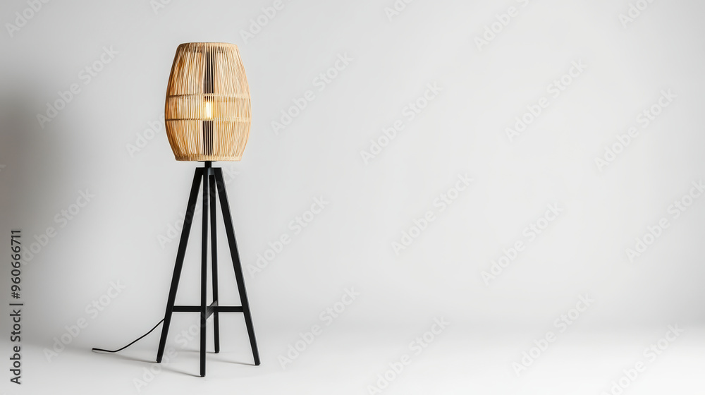A modern floor lamp with a minimalist wooden shade stands on a black tripod base, placed against a blank white background. A modern floor lamp with a minimalist wooden shade stands on a black tripod base, placed against a blank white background.