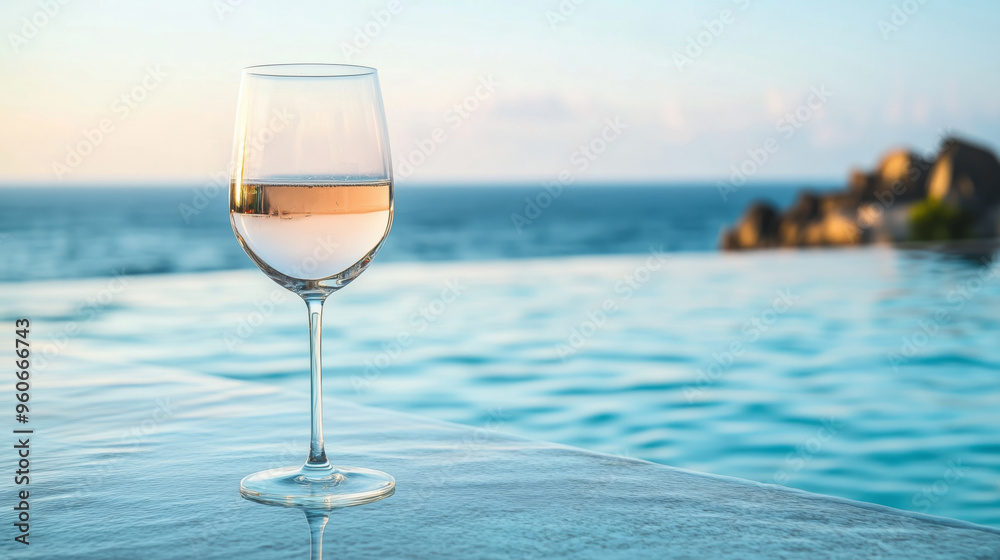 A glass of wine on the infinity pool edge overlooking the ocean at sunset A glass of wine on the infinity pool edge overlooking the ocean at sunset