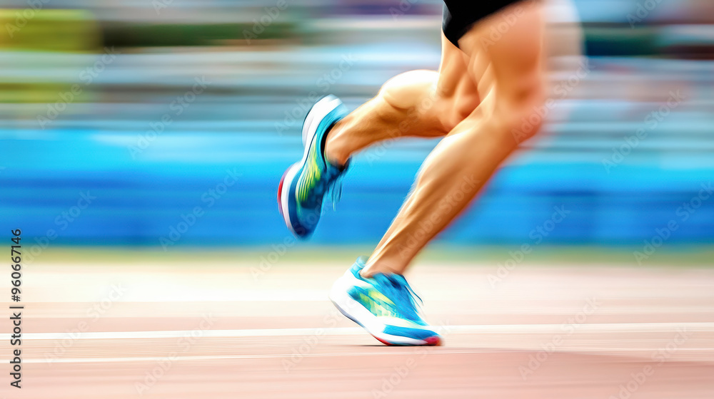 Naklejka premium A blurred motion photograph captures a runner's legs and feet in action on a track, focusing on their blue running shoes.