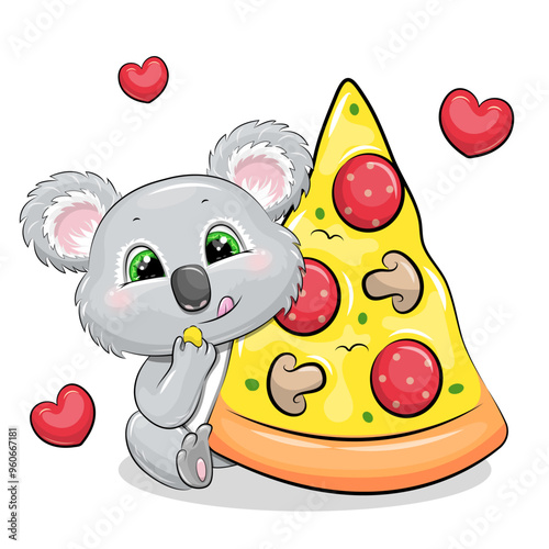 Cute cartoon koala with a big piece of pizza. Vector illustration of animal on a white background with red hearts.