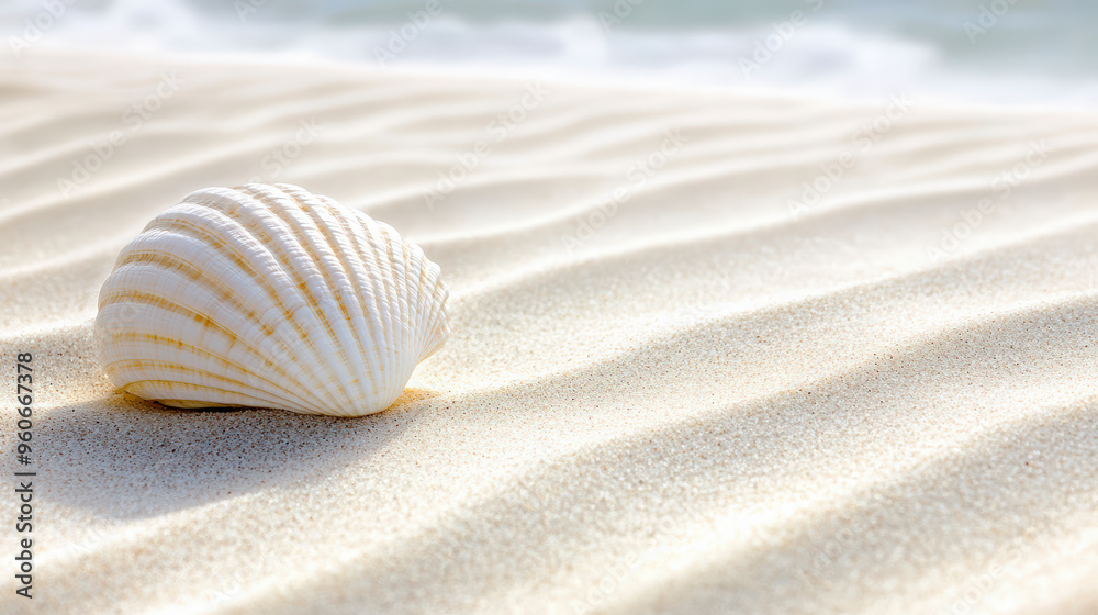 A white seashell rests on pristine, rippled sand with the gentle waves of the ocean blurred in the background. A white seashell rests on pristine, rippled sand with the gentle waves of the ocean blurred in the background.