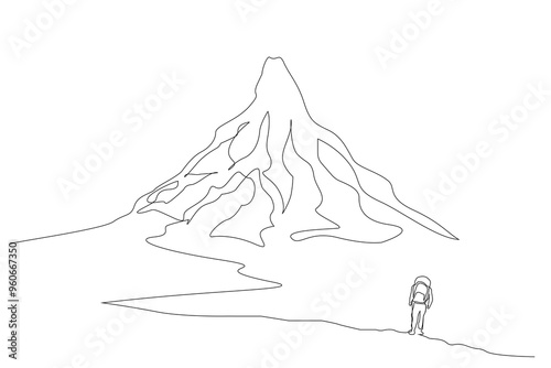 man person nature backpack mountain hiking climbing lifestyle landspace view one line art design vector