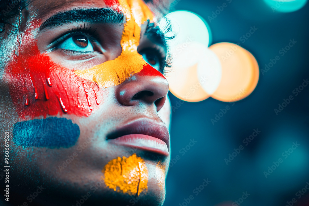 Determined fan with colorful face paint intently watching a sports event with focus and anticipation Determined fan with colorful face paint intently watching a sports event with focus and anticipation