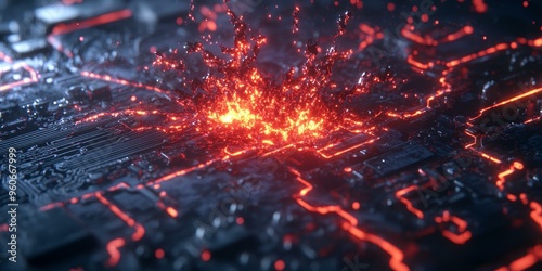 Red glowing liquid exploding on a circuit board.