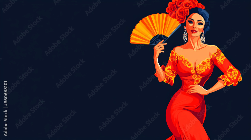 Fototapeta premium Spanish woman in a red flamenco dress, captured in a dynamic watercolor illustration, showcasing cultural dance on a blue background. Copy space.